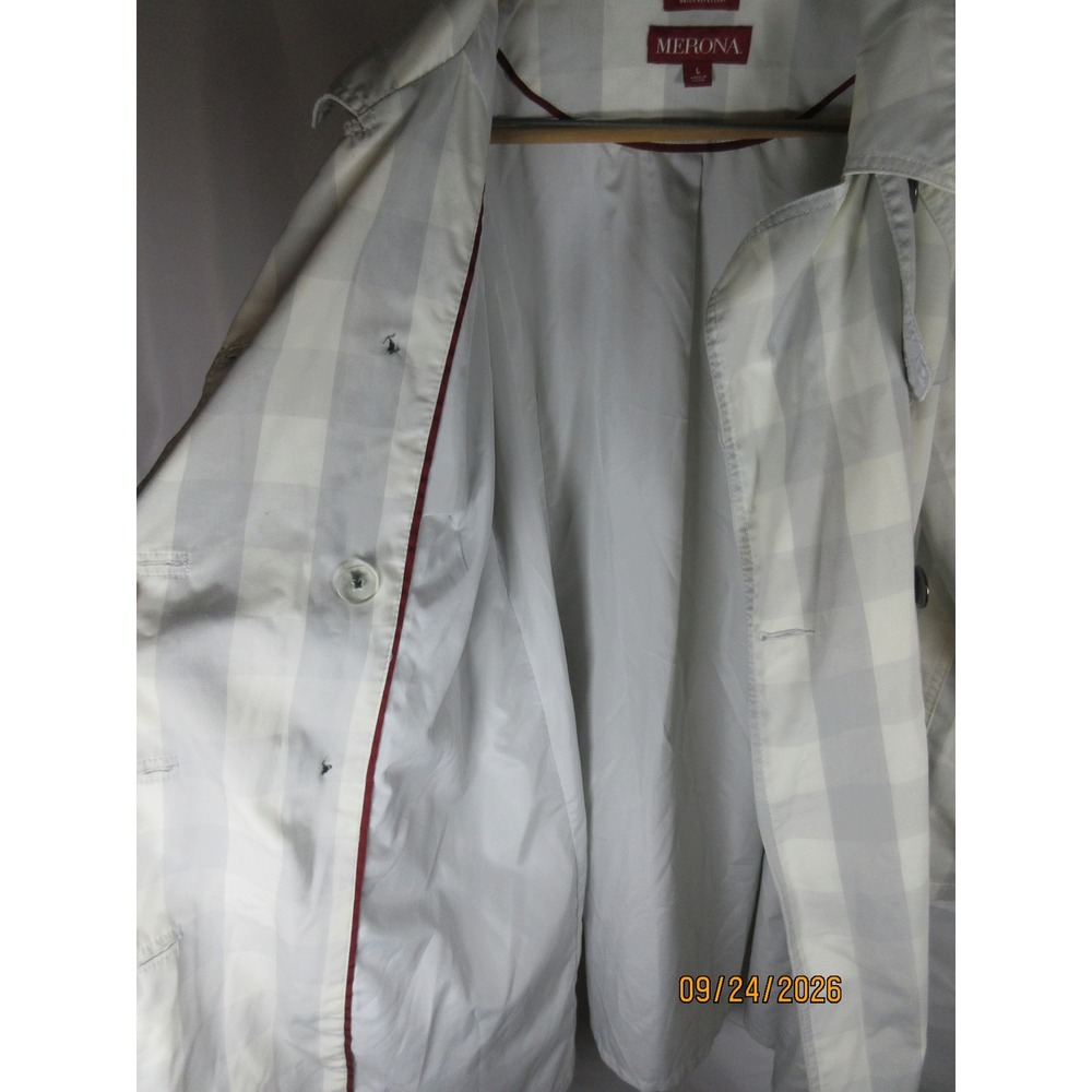 Merona Womens Plaid Trench Coat Cream Gray Water Repellent Double Breasted L - Picture 6 of 9